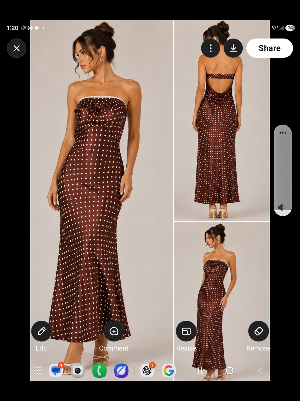 Jessica Simpson Brown Polka Dot Strapless Satin Maxi Dress
